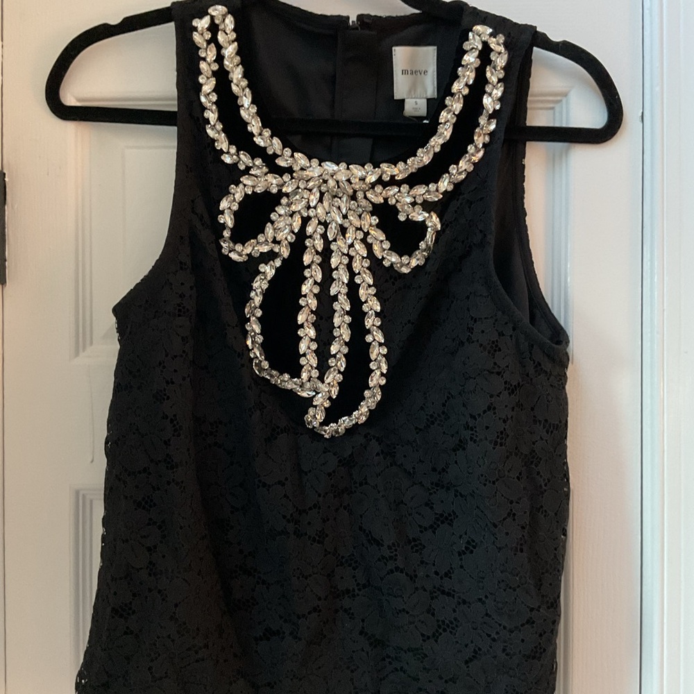 Maeve Black Lace Top with Embellished Neckline